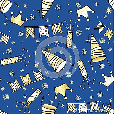 Seamless background for Christmas party. Cartoon caps, garlands of flags, crackers, crowns on a blue background. Vector. Vector Illustration